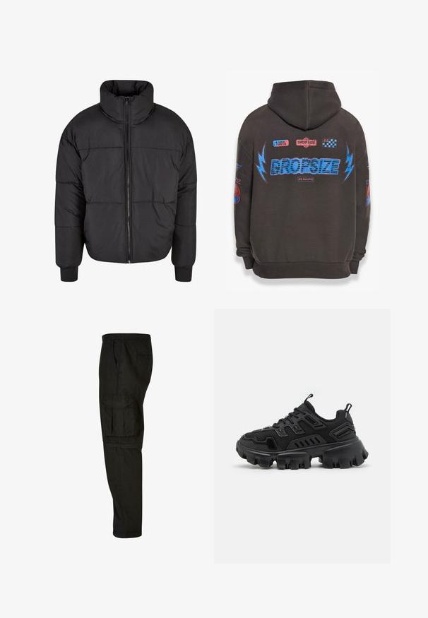 Schwarze Pufferjacke mit hohem Kragen, durchgehendem Reißverschluss und gestepptem Design. Die Bündchen sind elastisch für einen engen Sitz.; Dunkelgrauer Hoodie mit großem blauen "DROPSIZE"-Text und bunten Grafiken. Mit Kapuze, gerippten Bündchen und verschiedenen aufgedruckten Patches.; Schwarze Cargo-Hosen mit lockerer Passform, elastischem Bund, Seitentaschen und einer großen Cargotasche am Oberschenkel. Weicher, leichter Stoff.; Schwarzer Sportschuh mit strukturiertem Gummisohle, gestuften Designelementen und verstärkten Akzenten. Verfügt über Schnürsenkel und eine Schlaufe an der Ferse.