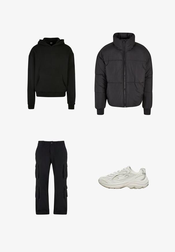 Čierna puffová bunda s vysokým golierom, plným predným zipsom a prešívaným dizajnom. Manžety sú elastické pre tesné priliehanie.; Čierna mikina s kapucňou vyrobená z mäkkého materiálu, so prednou kapsou, rebrovanými manžetami a uvoľneným strihom.; Čierne cargo nohavice vyrobené z bavlnenej tkaniny, ktorá má viacero bočných vreciek, uvoľnený strih a rovný strih nohavíc.; Biela teniska s textúrovaným vrchom a robustnou podrážkou. Charakterizujú ju zakrivené línie, jemné sivé akcenty a šnurovací dizajn.