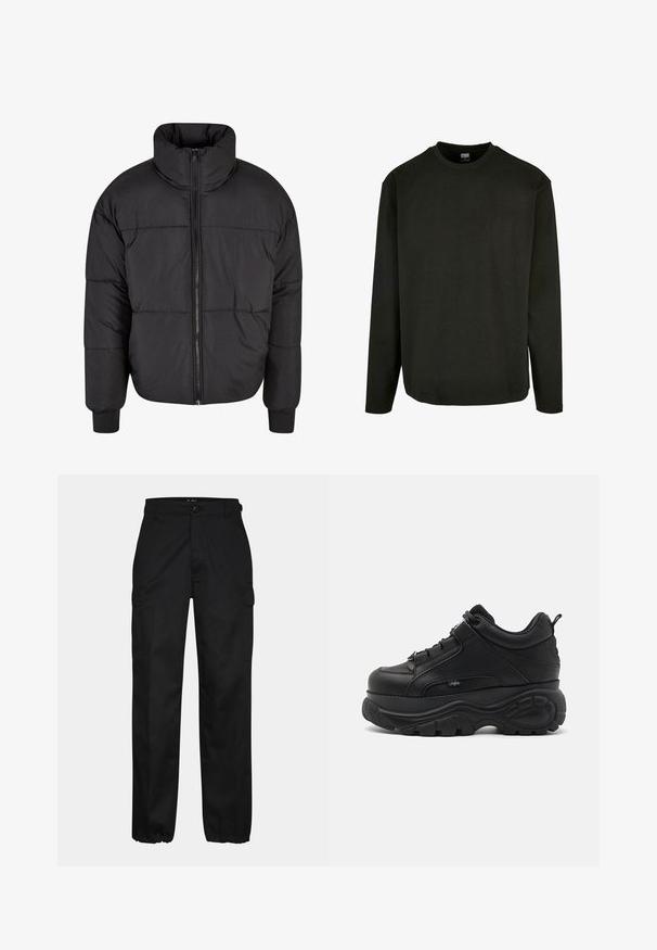 Schwarze Pufferjacke mit hohem Kragen, durchgehendem Reißverschluss und gestepptem Design. Die Bündchen sind elastisch für einen engen Sitz.; Schwarzes Langarm-T-Shirt aus Baumwolle mit Rundhalsausschnitt und geradem Saum. Minimalistisches Design ohne Muster oder Akzente.; Schwarze Cargo-Hosen mit geradem Schnitt, ausgestattet mit Seitentaschen, einem Knopfverschluss und elastischen Bündchen an den Knöcheln. Hergestellt aus strapazierfähigem Material.; Schwarze Leder-Chucksneaker mit dicker Gummisohle, schlankem Design und strukturierten Akzenten. Verfügt über Schnürsenkel und eine Zuglasche an der Ferse.