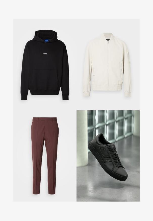 Vaaleanharmaa bomber-takki, jossa on vetoketju etuosa, ribbauskaulus ja hihansuut, kaksi sivutaskua ja vetoketjutasku vasemmassa hihassa. Sileä rakenne.; HUGO NAZARDO - Huppari - black; BOSS GEORGE - Housut - open red; Musta nahkainen lenkkari matalalla profiililla, jossa mustat nauhat, teksturoidut yksityiskohdat ja kumipohja. Logo kohokuvioituna ulkosivulla.