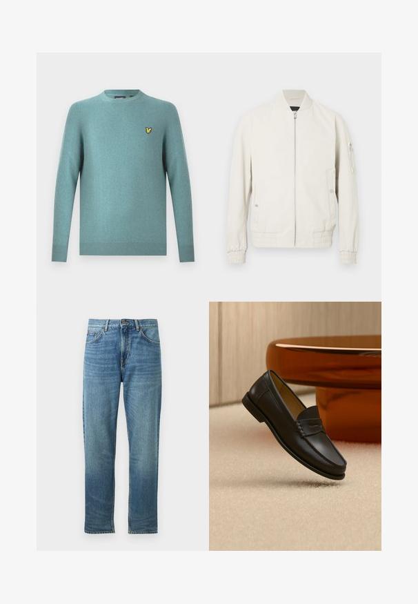 Chaqueta bomber de color gris claro con cremallera frontal, cuello y puños acanalados, dos bolsillos laterales y un bolsillo con cremallera en la manga izquierda. Textura suave.; Suéter de cuello redondo en tejido suave color verde azulado, con mangas largas y borde acanalado. Detalle de logo bordado en amarillo en el pecho.; Jeans de mezclilla azul con corte recto, que cuentan con bolsillos frontales, cierre de botón y un ligero desteñido para un aspecto desgastado.; Zapato mocasín de cuero negro suspendido sobre una alfombra beige con muebles modernos de color ámbar en el fondo.