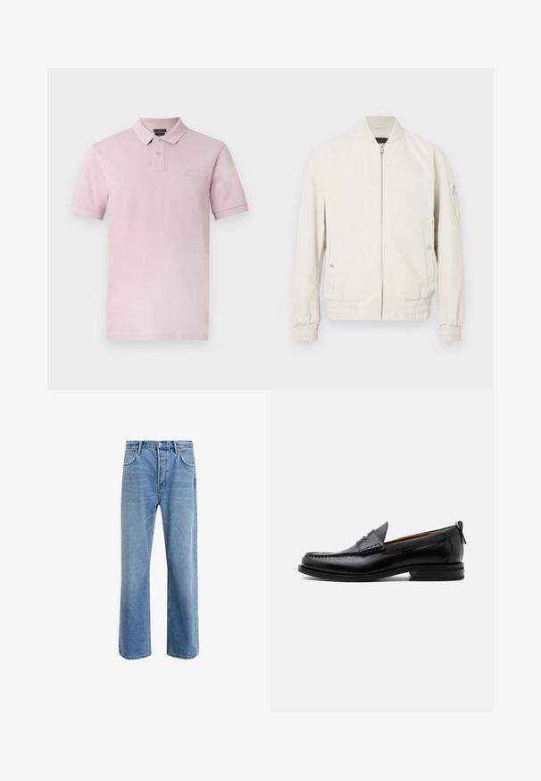 Veste bomber gris clair avec fermeture éclair sur le devant, col et poignets côtelés, deux poches latérales et une poche zippée sur la manche gauche. Texture lisse.; Polo rose clair à manches courtes avec deux boutons, petit écusson logo sur la poitrine et col classique sur fond blanc.; Jeans en denim bleu clair avec une coupe droite, cinq poches, fermeture à bouton, peu d'usure et des détails de couture contrastés.; Mocassin homme en cuir noir avec couture moc toe, bride penny, col texturé et petit talon empilé sur fond blanc.