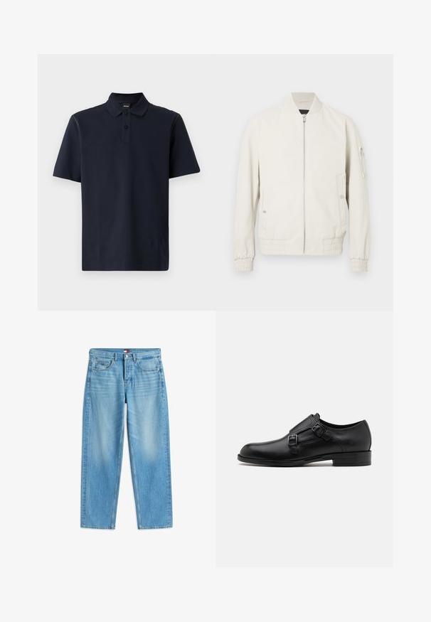Veste bomber gris clair avec fermeture éclair sur le devant, col et poignets côtelés, deux poches latérales et une poche zippée sur la manche gauche. Texture lisse.; Polo à manches courtes bleu marine en coton texturé, avec une patte de boutonnage à deux boutons, un col standard et une couture discrète au niveau des épaules.; Jeans droits décontractés bleu clair avec poches avant, passants pour ceinture et fermeture à bouton, posés à plat sur un fond blanc.; Chaussure habillée en cuir noir avec double boucle, silhouette élégante et bout rond. Dispose d'un petit talon et d'une texture lisse.