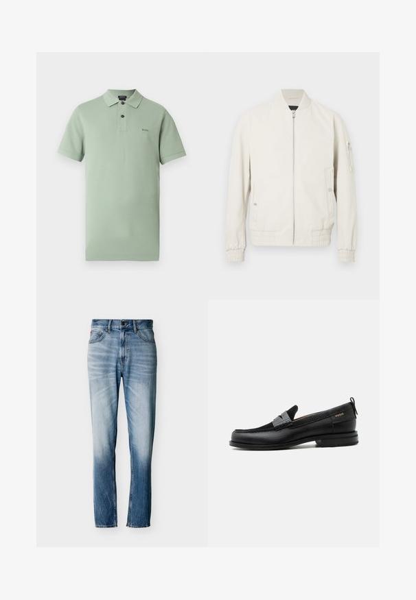 Veste bomber gris clair avec fermeture éclair sur le devant, col et poignets côtelés, deux poches latérales et une poche zippée sur la manche gauche. Texture lisse.; Polo vert clair en coton, avec col, manches courtes et patte à trois boutons. Logo BOSS brodé sur la poitrine.; Jean bleu délavé à coupe droite avec cinq poches, fermeture par bouton et passants pour ceinture, présenté à plat sur fond blanc.; Mocassin en cuir noir avec détail de bride grise, talon bas et semelle texturée, marqué "HUGO" en or sur le côté.