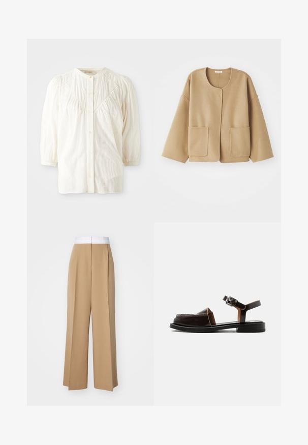 Chaqueta beige de mezcla de lana con cuello redondo, hombros caídos y dos bolsillos delanteros. Diseño simple y relajado con una textura suave.; Blusa blanca de botones con cuello redondo, hombros plisados y mangas largas. Presenta sutiles rayas verticales y un corte relajado.; Pantalones de pierna ancha en una tela marrón claro con una banda blanca de contraste en la cintura. Presenta líneas limpias y sin patrones o adornos visibles.; Sandalia plana de cuero marrón oscuro con puntera abierta, correa en el tobillo y hebilla plateada, tacón bajo y parte superior cerrada con detalles recortados.