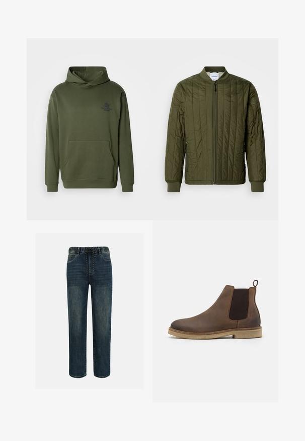 Ελαιοπράσινη, επενδεδυμένη μπomber jacket με φερμουάρ μπροστά, ραμμένες μανσέτες και στρίφωμα. Διαθέτει πλαϊνές τσέπες και κλασικό σχέδιο χωρίς γιακά.; Ελιόχρυσο φούτερ με κουκούλα φτιαγμένο από μαλακό ύφασμα, διαθέτει μπροστινή τσέπη και μικρή εκτύπωση λογότυπου στο στήθος. Κλασική εφαρμογή.; Σκούρο μπλε τζιν με ελαστική μέση και κορδόνι σε μαύρο και άσπρο, εφαρμοστή γραμμή ίσιου ποδιού και μπροστινές τσέπες.; Καφέ δερμάτινο μποτάκι Chelsea με ελαστικές πλαϊνές πάντες, στρογγυλή μύτη, θηλιά για την ανάκληση και ανοιχτό καφέ υφή στη σόλα.