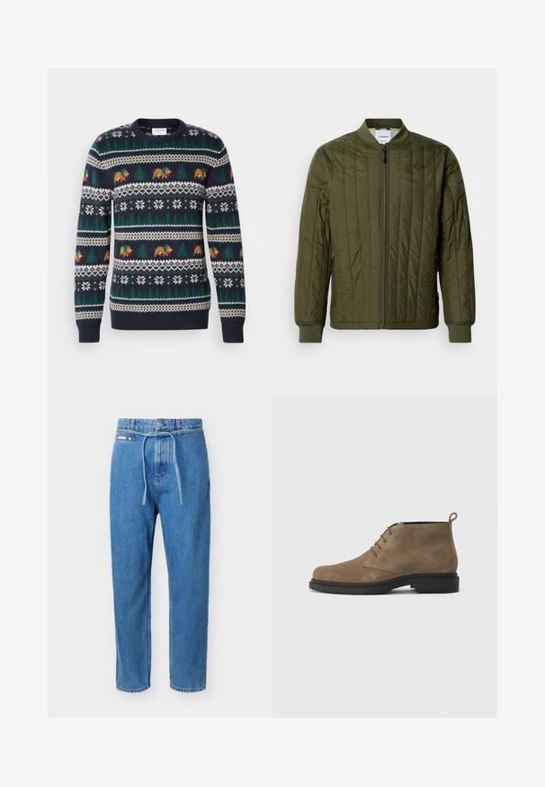 Veste bomber matelassée, couleur vert olive, avec fermeture éclair sur le devant, poignets et ourlet côtelés. Comprend des poches latérales et un design classique sans col.; Pull en tricot bleu marine avec un motif de vacances comprenant des ours, des arbres et des flocons de neige en vert, marron et blanc. Bords côtelés aux poignets et à l'ourlet.; Jean en denim bleu avec une coupe droite, taille haute, bouton à l'avant, fermeture éclair, et une fine ceinture en denim nouée à la taille.; Botte chelsea en daim marron avec un bout arrondi, quatre œillets pour les lacets et une semelle en caoutchouc noire. Dispose d'une languette à l'arrière.
