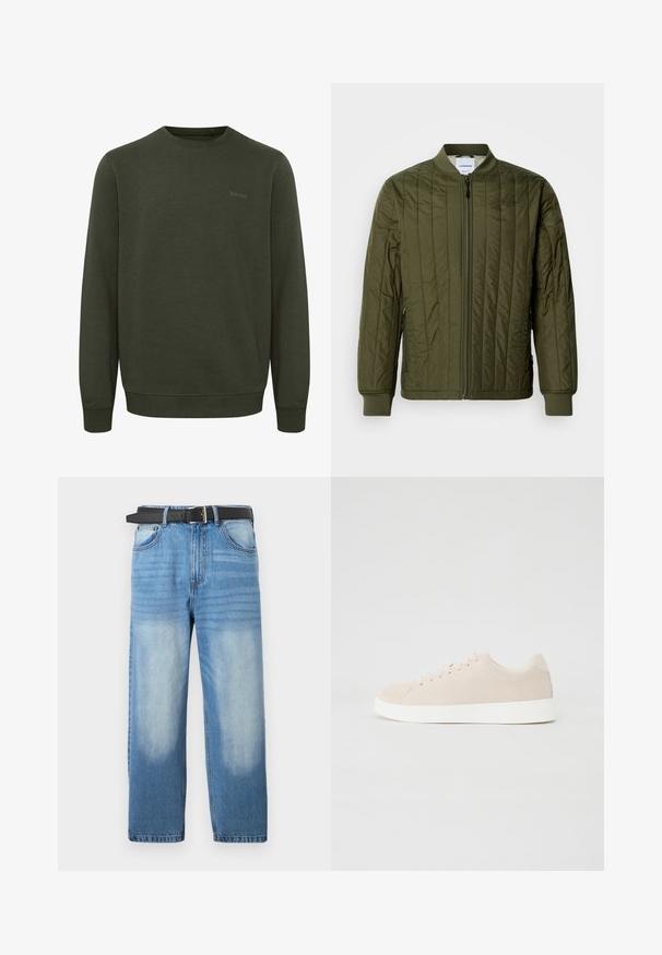 Olivgrüne, gesteppte Bomberjacke mit einem Reißverschluss vorne, gerippten Bündchen und Saum. Verfügt über Seitentaschen und ein klassisches kragenloses Design.; Olivgrüner Sweatshirt aus weichem Stoff, mit rundem Halsausschnitt, langen Ärmeln und gerippten Bündchen. Subtiles "blend"-Logo in passender Farbe.; Hellblaue Denim-Jeans mit geradem Bein, ausgestattet mit einem schwarzen Gürtel, ausgewaschenen Stellen und subtiler diagonaler Textur im oberen Bereich.; Beige Wildlederschuhe mit weißen Gummisohlen, runder Zehenform und sechs Ösen für die Schnürsenkel. Glatte Textur mit minimalistischem Design.