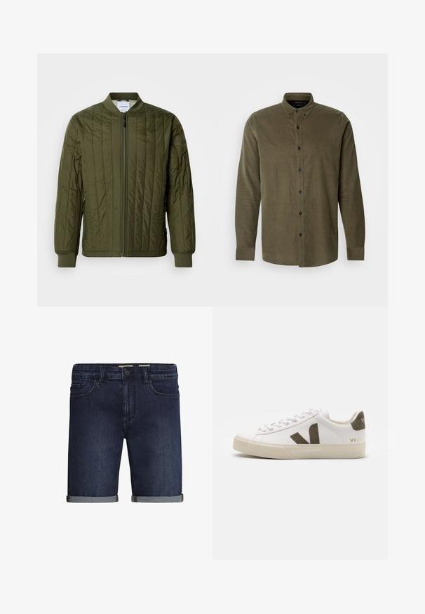 Ελαιοπράσινη, επενδεδυμένη μπomber jacket με φερμουάρ μπροστά, ραμμένες μανσέτες και στρίφωμα. Διαθέτει πλαϊνές τσέπες και κλασικό σχέδιο χωρίς γιακά.; Ελαιόχρωμο κορδωμένο πουκάμισο με μακριά μανίκια, γιακά με κουμπιά, μπροστινός πίνακας με κουμπιά και μαύρα πλαστικά κουμπιά. Μαλακό υφασμάτινο υλικό.; Τζιν σορτς σε σκούρο μπλε, με κλασικό σχέδιο πέντε τσέπες, γυριστό στρίφωμα και κλείσιμο με κουμπί. Λείο υλικό.; Λευκά δερμάτινα sneakers με ελαφριά μπεζ καουτσούκ σόλα. Διαθέτει καφέ σουέτ λογότυπο V και τακούνι. Κλείσιμο με κορδόνια και υφή επιφάνειας.