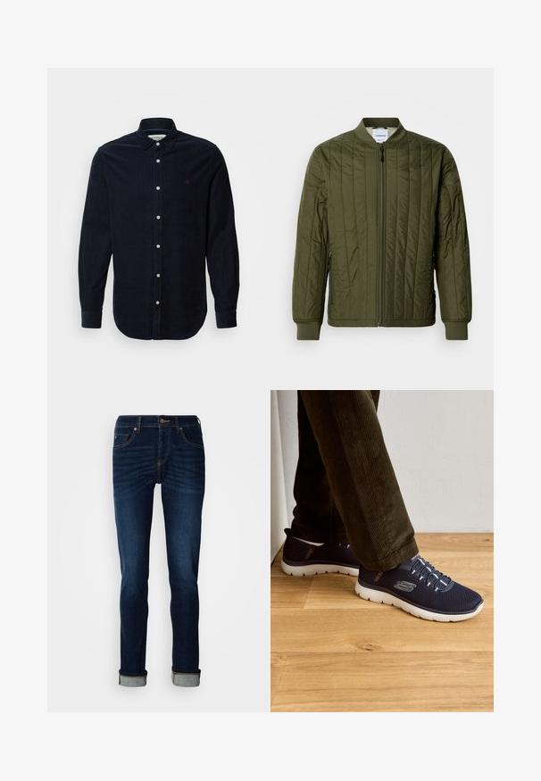 Olivgrüne, gesteppte Bomberjacke mit einem Reißverschluss vorne, gerippten Bündchen und Saum. Verfügt über Seitentaschen und ein klassisches kragenloses Design.; Hemd aus mitteldicker Baumwollcord für Männer in Marineblau mit langen Ärmeln, button-down Kragen und vorderer Knopfleiste. Mit einem kleinen gestickten Logo auf der Brust.; Dunkelblaue Jeans mit geradem Bein, Reißverschluss und umgeschlagenem Saum. Aus Denim mit leichter Ausbleichung und kontrastierenden Nähtelementen gefertigt.; Marinefarbene Netzsneaker mit weißen Sohlen, ausgestattet mit elastischen Schnürsenkeln und einem Logodetail. Lässiges Design mit leichter Konstruktion.