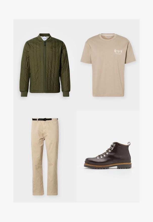 Oliven grøn, quiltet bomberjakke med lynlås foran, ribbede manchetter og kant. Har sidelommer og et klassisk kravefrit design.; Beige kortærmet T-shirt med rund halsudskæring med små insektgrafikker og "Marc O'Polo" logo på venstre bryst.; Beige bukser med lige ben, sort justerbart bælte, elastik i taljen på den ene side og detaljer med søm foran.; Zign by Zalando LEATHER - Snørestøvletter - brown