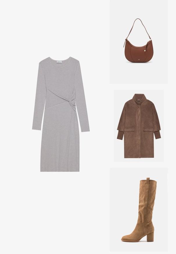 Brun uldfrakke med høj krave, to forlommer og ribbede manchetter. Stoffet har en blød tekstur og en glat overflade.; Langærmet grå ribbet kjole med et knudedesign i taljen, der har en rund halsudskæring og en tætsiddende silhuet.; Knæhøj tan ruskind støvle med blokhæl, der har syede detaljer og en strømlinet silhuet for et moderne look.; Brun faux læder skuldertaske med buet form, minimal syning og en guldtonet hardwaredetalje. Har en top lynlåslukning og justerbar rem.