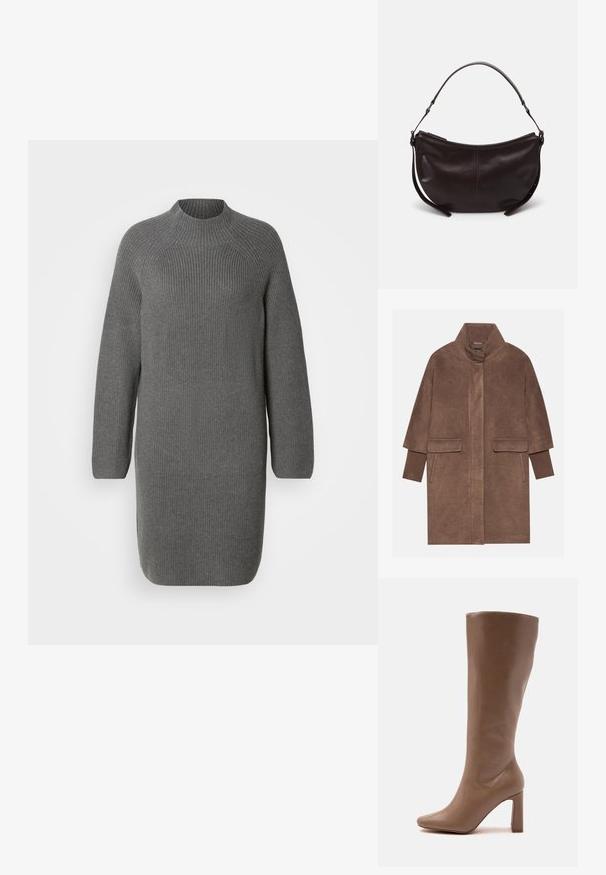 Manteau en laine marron avec un col haut, deux poches avant et des poignets côtelés. Le tissu a une texture douce et une finition lisse.; Robe en tricot grise avec un col haut et des manches longues, présentant une texture côtelée et une coupe droite légèrement ample. Pas de motifs ni d'accents visibles.; Botte en cuir marron mi-mollet avec bout pointu et talon haut épais, vue de profil sur fond blanc.; Sac à épaule en cuir marron foncé avec une forme courbe, texture lisse et une seule sangle réglable. Doté d'une fermeture éclair.