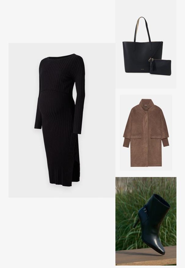 Manteau en laine marron avec un col haut, deux poches avant et des poignets côtelés. Le tissu a une texture douce et une finition lisse.; Robe de maternité noire à côtes, à manches longues, avec encolure ronde et fentes latérales. Elle présente une silhouette ajustée qui s'adapte à un ventre en croissance.; Bottine en cuir noir avec pointe effilée, talon empilé, texture scintillante et une bride décorative avec une boucle argentée.; Sac fourre-tout noir avec un matériau texturé, deux longues anses et une pochette zippée amovible avec un détail de pompon. Logo de la marque en orvisible.
