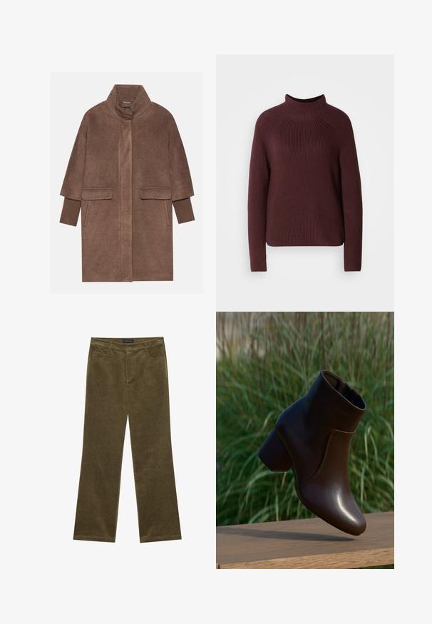 Brun uldfrakke med høj krave, to forlommer og ribbede manchetter. Stoffet har en blød tekstur og en glat overflade.; Bordeaux sweater med høj hals, ribbet tekstur og lange ærmer. Har en let boxy form og en kant, der falder ved hoften.; Olivengrønne fløjl bukser med flared ben, fem lommer, synlig syning og knaplukning i taljen for en sikker pasform.; Mørkebrune læderankelstøvler med blokhæl svævende over en træoverflade med grøn sløret græsbaggrund.