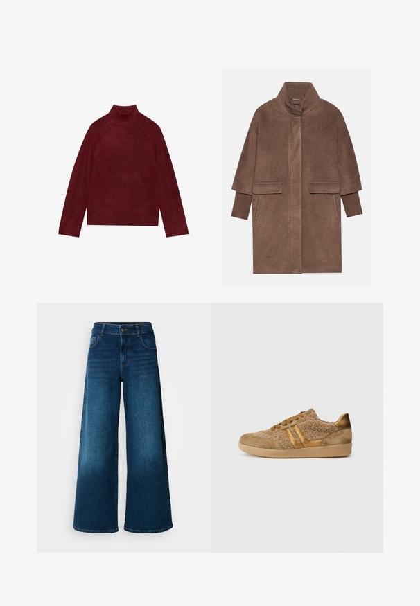 Brun uldfrakke med høj krave, to forlommer og ribbede manchetter. Stoffet har en blød tekstur og en glat overflade.; Bordeaux turtleneck trøje, strikket, med ribbede detaljer ved kraven og ærmerne, med en boxy form og blød tekstur.; Viddejeans lavet af mørkeblå denim. Har høj talje, knaplukning og klassisk fem-lomme design med subtile falme.; Brune sneakers med en tekstureret, fluffy overdel, gyldne striber og en glat brun ruskindsnude. Gummisålen giver et godt greb.