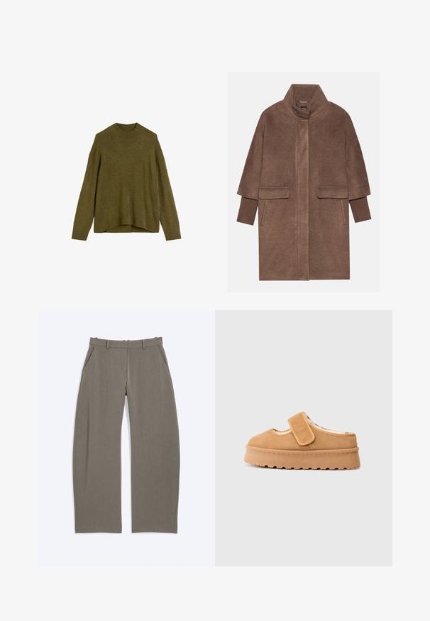 Manteau en laine marron avec un col haut, deux poches avant et des poignets côtelés. Le tissu a une texture douce et une finition lisse.; Pull en tricot vert olive avec un col rond côtelé, des épaules tombantes et une coupe ample. L'ourlet est légèrement plus long à l'arrière.; Pantalon taupe à jambes droites avec passants de ceinture et poches latérales, posé à plat sur fond blanc.; Chaussure en suede marron à enfiler avec une bande Velcro, bout rond et semelle plate-forme épaisse dotée d'une semelle en caoutchouc texturée.