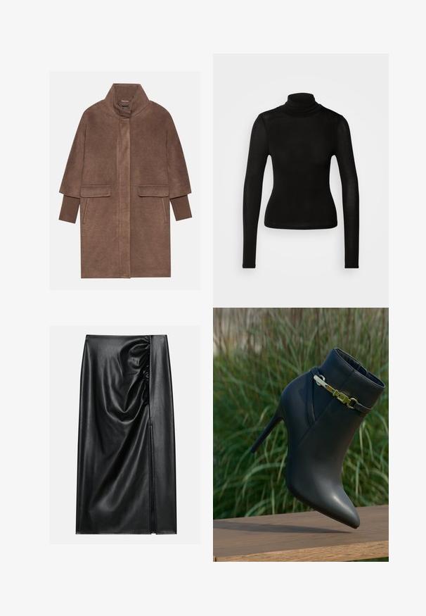 Brun uldfrakke med høj krave, to forlommer og ribbede manchetter. Stoffet har en blød tekstur og en glat overflade.; Sort turtleneck top lavet af et letvægts, strækbart materiale. Har lange ærmer og en tætsiddende silhuet uden synlige sømme.; Sort læderskirt med en glat overflade, der har en indsamlet sektion på den ene side og en skråning på siden for ekstra detaljer.; Sorte højhælede ankelstøvler med spids tå og guldspænde, præsenteret på en træoverflade med grønne planter i baggrunden.
