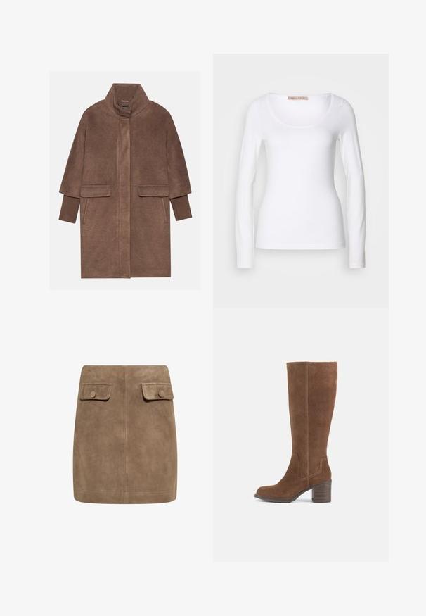 Manteau en laine marron avec un col haut, deux poches avant et des poignets côtelés. Le tissu a une texture douce et une finition lisse.; T-shirt en coton blanc à manches longues, avec un col rond et une coupe ajustée, au toucher doux et sans ornement.; Mini jupe en daim marron avec une texture lisse, dotée de deux poches à rabat à l'avant et de fermetures à bouton de chaque côté. Design simple et droit.; Botte hauteur genou en daim marron avec talon bloc empilé et bout arrondi, vue de côté sur fond blanc uni.