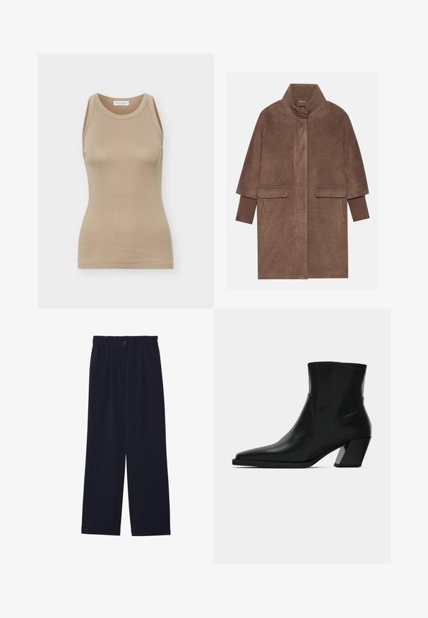 Manteau en laine marron avec un col haut, deux poches avant et des poignets côtelés. Le tissu a une texture douce et une finition lisse.; Débardeur beige ajusté pour femmes, sans manches, avec encolure ronde et étiquette Marc O'Polo à l'intérieur du col arrière.; Pantalons large bleu marine avec une texture lisse, taille élastique, pli avant unique et fermeture à bouton à la taille.; Bottine en cuir noir avec un bout pointu, une silhouette élégante et un talon carré massif. Texture lisse avec des détails de couture minimalistes.