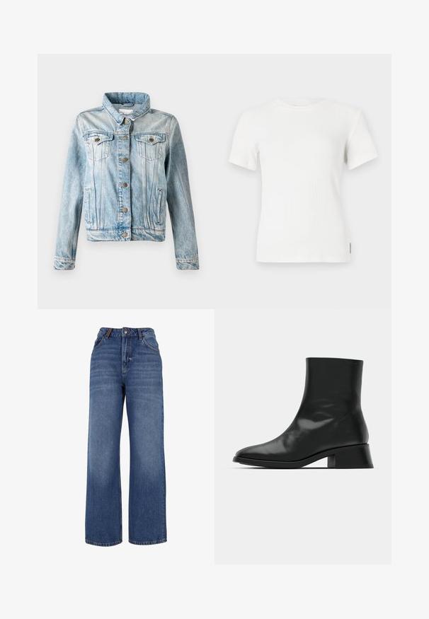 Lichtblauwe denimjas met een kraag, knoopsluiting, twee borstzakken en zijzakken. Heeft een vervaagde afwerking en contrasterende stiksels.; Witte geribbelde korte mouw t-shirt met een ronde halslijn. Zachte structuur, aansluitend ontwerp en minimale stikseldetails.; Wijdgesneden denim jeans van middelzware blauwe katoenstof. Bevat een klassieke vijf-pocket ontwerp en een ritssluiting met knoopsluiting.; Zwarte enkelboot van glanzend leer, met een slank ontwerp, spitse neus en een gematigde blokhak voor stabiliteit.