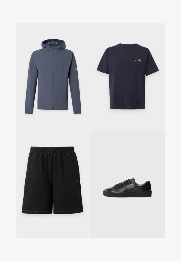 Sweat à capuche zippé gris foncé avec manches longues et petit logo sur le haut du bras gauche, présenté sur un fond clair uni.; T-shirt noir en coton à manches courtes avec petit logo blanc ACW et contour rectangulaire sur le côté gauche de la poitrine.; Shorts noirs longueur genou avec taille élastique, cordon ajustable, poches latérales et surpiqûres contrastantes blanches.; Baskets en cuir noir avec une texture lisse, bout rond et fermeture à lacets. Comprend une semelle en caoutchouc épaisse et un minimum de détails de marque.