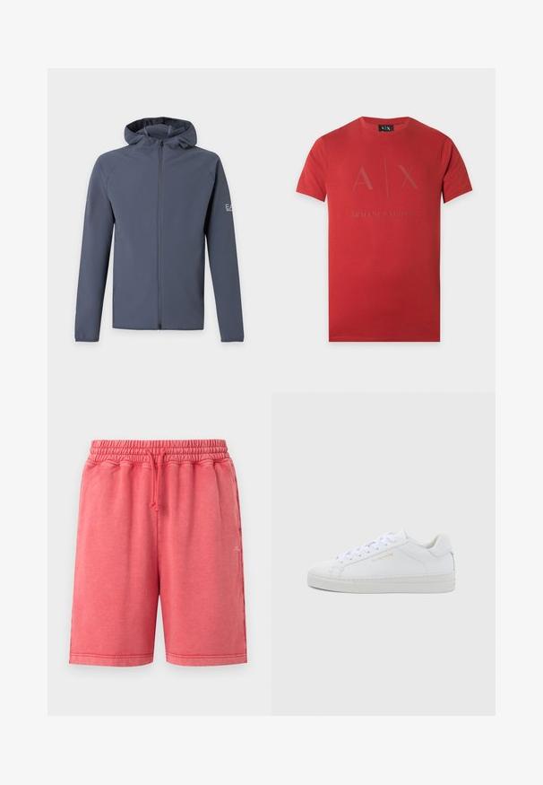 Sweat à capuche zippé gris foncé avec manches longues et petit logo sur le haut du bras gauche, présenté sur un fond clair uni.; T-shirt rouge à manches courtes Armani Exchange avec "A | X Armani Exchange" imprimé sur le devant.; Shorts décontractés rose corail avec taille élastique et cordon ajustable, deux poches latérales et petit logo blanc sur la jambe droite.; Baskets basses en cuir blanc avec bout rond, lacets plats, semelle texturée et logo discret doré sur le côté. Surface lisse et design minimaliste.