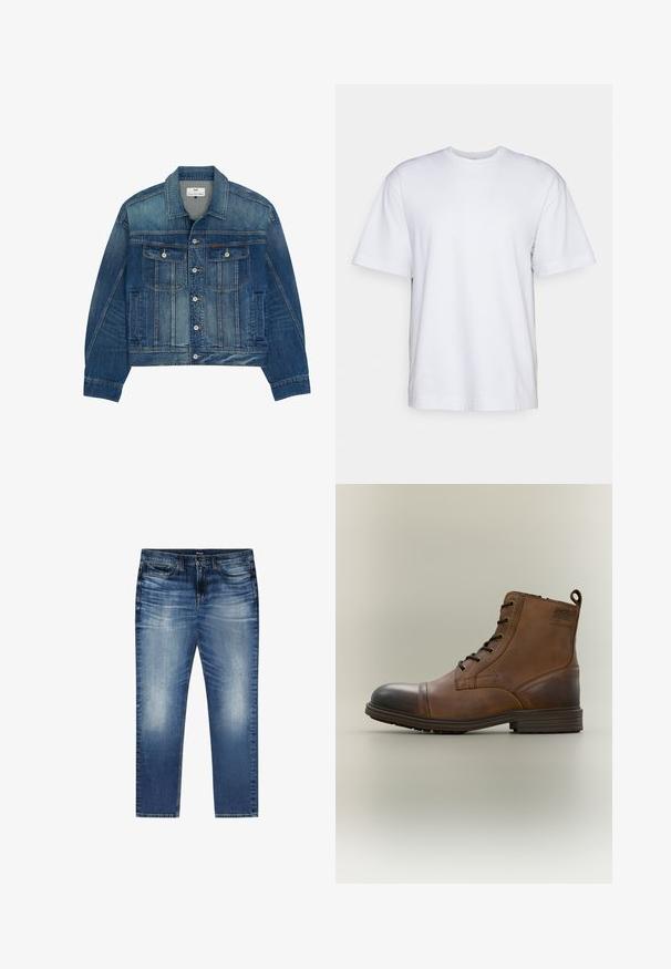 Blauwe spijkerjas met knoopsluiting, twee borstzakken met klep en knopen, steekzakken en een puntkraag.; Filippa K HEAVY CREW NECK TEE - T-shirt basic - white; Blauwe vervaagde denim jeans met voorzakken, riemlussen en een knoopsluiting, plat gelegd op een witte achtergrond.; Bruine leren enkellaars met veters, zwarte neuskap, ronde zool en merkdetail aan de zijkant tegen een effen achtergrond.