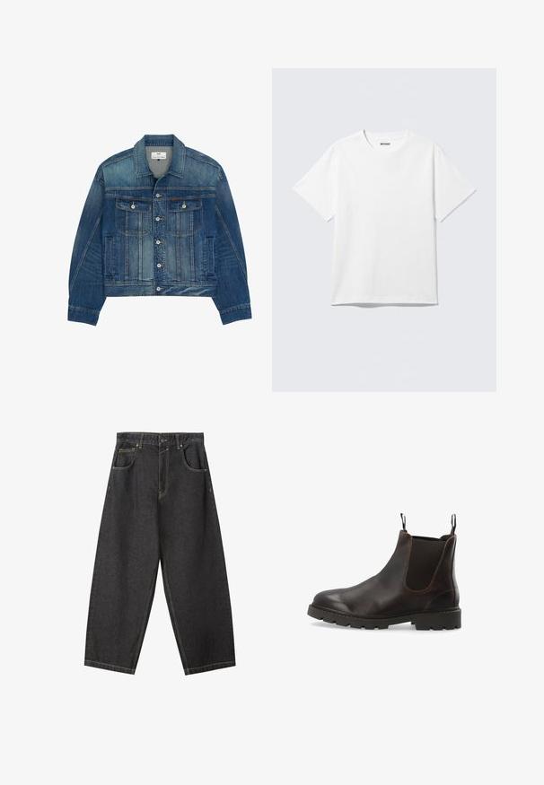 Blaue Denimjacke mit Knopfverschluss, zwei Patten-Brusttaschen mit Knöpfen, Seitentaschen und spitzem Kragen.; Weißes T-Shirt mit kurzen Ärmeln und Rundhalsausschnitt, flach liegend, schlichtes Design, mit „WEEKDAY“-Etikett innen im Kragen auf hellem Hintergrund.; Schwarze Denim-Hosen im Weitbein-Design mit gelben Nähten, fünf Taschen und einem mittelhohen Bund. Texturiertes Material mit glatter Oberfläche.; Dunkelbrauner Chelsea-Stiefel aus Leder mit elastischen Seitenpanelen, Zuglaschen vorne und hinten sowie dicker profilierter Gummisohle.