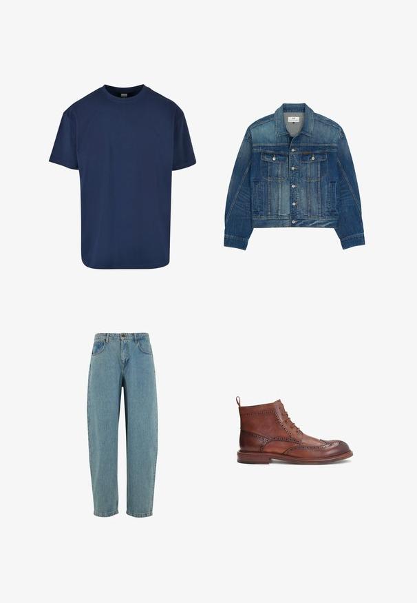 Blå denimjakke med knaplukning, to brystlommer med klap og knapper, sidelommer og spids krave.; Marineblå bomulds T-shirt med rund halsudskæring og korte ærmer. Glat tekstur og afslappet pasform, velegnet til hverdagstøj.; Lyseblå denimjeans med løs pasform, fem lommer og lige ben. Har en klassisk lynlås og knaplukning.; Brune læderstøvle med dekorative brogue-detaljer, rund tå, snøredesign og lav stak heel. Inkluderer en bageste pull-tab.