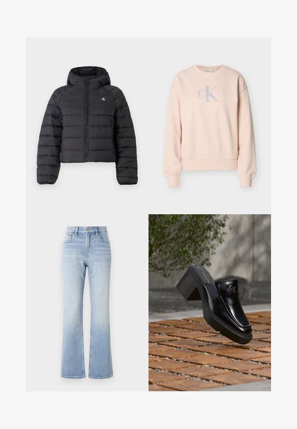 Calvin Klein Jeans LIGHTWEIGHT QUILTED JACKET PACKA - Ľahká bunda - black; Svetloružová mikina Calvin Klein s dlhými rukávmi, okrúhlym výstrihom, rebrovanými manžetami a predným logom v svetlosivej a bielej farbe.; Svetlomodré rifľové elastické nohavice s vysokým pásom, kontrastným prešívaním, prednými vreckami a jemným vyblednutím smerom k lemovaniu.; Čierne kožené šľapky Calvin Klein s blokovým podpätkom, ktoré oddychujú na drevených dlaždiciach vonku blízko zelenej rastliny a šedej steny.