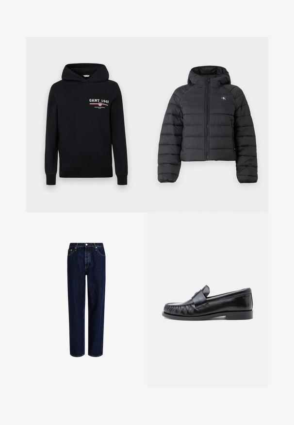 Calvin Klein Jeans LIGHTWEIGHT QUILTED JACKET PACKA - Übergangsjacke - black; Schwarzer Hoodie aus Baumwolle mit einem Logo, das "GANT 1949" zeigt, und gestreiften Akzenten in Rot und Weiß auf der Vorderseite. Standard Passform mit Kapuze und Kordelzug.; Dunkelblaue Denim-Jeans mit geradem Bein, hoher Taille, fünf Taschen und kontrastierenden Nähten. Ohne Verzierungen.; Schwarze Leder-Loafer mit abgerundetem Zehenbereich, markanter Naht und einem dekorativen Riemen über dem Vorderblatt. Glatte Oberfläche und niedriger Absatz.