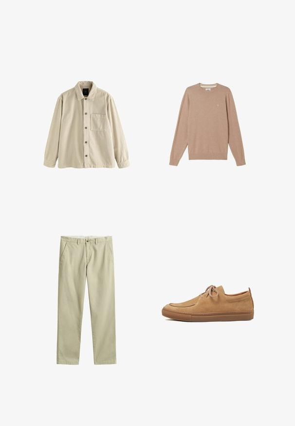 Beige corduroy overhemden met lange mouwen, een kraag en een enkele borstzak aan de linkerkant.; Beige, lange mouwen, sweater met ronde hals, geribbelde boorden aan de mouwen en zoom, klein geborduurd logo op de linkerborst, plat gelegd op een witte achtergrond.; Beige chino's met rechte pijpen, riemlussen, knoop- en ritssluiting aan de voorkant en zijzakken, plat gelegd op een witte achtergrond.; Casual schoenen van suède in tan met een ronde neus, vetersluiting en een rubberen zool. Voorzien van stikdetails en een klein logo aan de zijkant.
