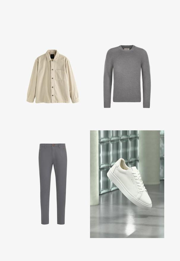 Beige Cordura-Hemd mit langen Ärmeln, Kragen und einer einzelnen Brusttasche auf der linken Seite.; Grauer Langarm-Pullover mit Rundhalsausschnitt, mit gerippten Bündchen und Saum, aus feinem Strickstoff.; Graue Baumwollhosen mit einer taillierten Passform, ausgestattet mit einem Knopfverschluss, normalen Taschen und einer glatten Textur.; Weißer Low-Top-Sneaker mit Schnürsenkeln, der über einem reflektierenden Betonboden vor einer Wand aus Glasbausteinen schwebt.