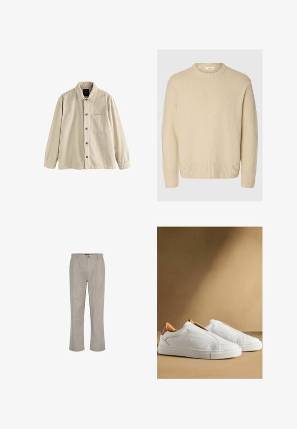 Chemise en velours côtelé beige à boutons, avec des manches longues, un col et une poche sur le côté gauche.; Pull crème en tissu texturé. Présente un col rond côtelé et des poignets côtelés, avec une coupe décontractée et des manches longues.; Pantalons en lin gris clair avec une coupe droite, présentant une fermeture à un bouton et deux plis à l'avant pour plus de détails.; Paire de baskets blanches en cuir à enfiler avec des patches marron au talon sur fond beige.