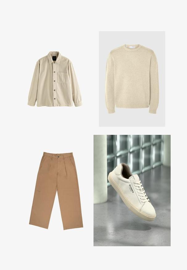Beige corduroy-paitatakki pitkillä hihoilla, kauluksella ja vasemmalla puolella yksi rintatasku.; Vaalean beige neulepaita, jossa on pyöreä kaula-aukko, pitkät hihat, ribbaus hihansuissa ja helmassa. Suuri tekstuuri keskikokoisella paksuudella.; Housut, jotka on valmistettu sileästä kankaasta, vaaleanruskeat, joissa on laskokset, nappikiinnitys ja logo itsekudottuna helman lähellä.; Valkoinen kangastossu beigen pohjan ja nauhojen kanssa, "AllSaints London" logo sivulla, kellumassa harmaan kiillotetun lattian yläpuolella lasiblokkien lähellä.