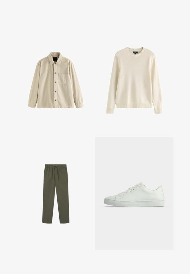 Camisa de pana beige, de manga larga, con cuello y un bolsillo en el pecho en el lado izquierdo.; Suéter de punto de manga larga color crema, con cuello redondo, puños y dobladillo acanalados, etiqueta de talla mediana de la marca Next.; Pantalones verde oliva con cintura elástica, detalle de cordón y bolsillos laterales. La tela tiene una textura suave y ligera.; Zapatilla blanca de caña baja con cordones, parte superior de cuero liso y suela de goma plana, mostrada de lado sobre un fondo liso.