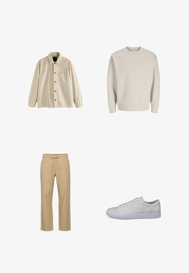 Beige fløjl skjorte med knaplukning, lange ærmer, krave og en enkelt brystlomme på venstre side.; Beige crew neck sweatshirt med lange ærmer og ribbet manchetter og kant, ensfarvet design, centreret på hvid baggrund.; Beige bomuldsbukser med afslappet pasform, elastik i taljen og snøre. Har sidelommer og lige ben. Ingen synlige mønstre.; Hvid lav sneaker med hvide snørebånd, minimal syning og en flad hvid gummisål, vist fra siden på en ensfarvet baggrund.