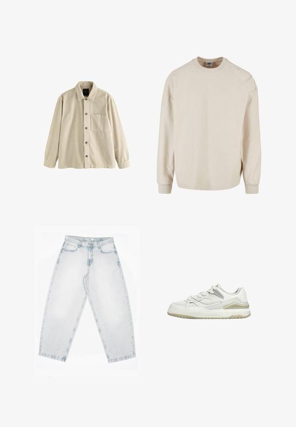 Beige fløjl skjorte med knaplukning, lange ærmer, krave og en enkelt brystlomme på venstre side.; Beige ribbet sweatshirt med lange ærmer og rund hals, med faldne skuldre og ribbede manchetter. Blød tekstur og afslappet pasform.; Lyseblå denimjeans med høj talje, lige brede ben, knap- og lynlåslukning samt lommer foran og bagpå.; Hvid lavtop sneakers med beige sål, snørebånd foran og polstret krave vist på en ensartet hvid baggrund.