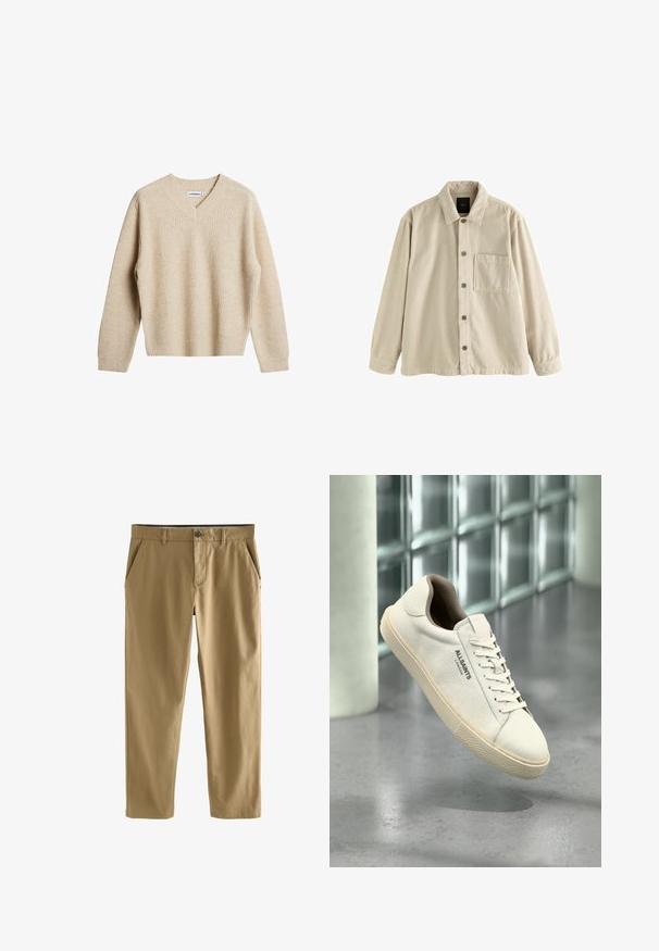 Beige corduroy overhemden met lange mouwen, een kraag en een enkele borstzak aan de linkerkant.; Beige, geribbelde trui met V-hals en lange mouwen. Heeft een ontspannen pasvorm en een gestructureerde stof voor extra warmte en comfort.; Beige casual broek met knoop- en ritsluiting, riemlussen en voorste zijzakken, getoond op een witte achtergrond.; Witte canvas sneaker met een beige zool en veters, "AllSaints London" logo aan de zijkant, zwevend boven een grijs gepolijste vloer nabij glasblokken.