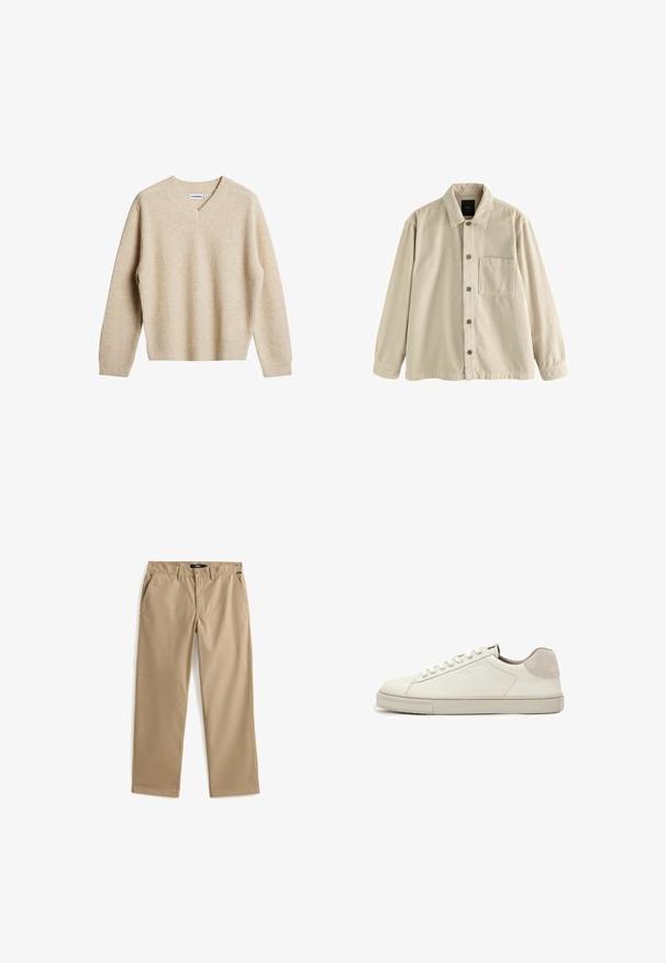 Beige fløjl skjorte med knaplukning, lange ærmer, krave og en enkelt brystlomme på venstre side.; Beige, ribbet striktrøje med V-hals og lange ærmer. Har en afslappet pasform og tekstureret stof for ekstra varme og komfort.; Beige bukser med lige ben, knap- og lynlåslukning, bæltestropper og sidelommer, lagt fladt på en hvid baggrund.; Hvid lavtopet lædersneaker med hvide snørebånd, let struktureret sål og lys grå ruskinds-hælpatch, sideudsigt.
