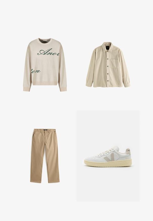 Camisa de pana beige, de manga larga, con cuello y un bolsillo en el pecho en el lado izquierdo.; Jersey de punto beige con texto verde en cursiva. Cuello y puños acanalados, corte relajado, con una textura suave.; Pantalones beige de pierna recta con cierre de botón y cremallera, trabillas para cinturón y bolsillos laterales, colocados planos sobre un fondo blanco.; Zapatilla blanca de cuero con detalles en ante beige, paneles texturizados, cordones planos y suela de goma color crema. Marca "V-90" en el talón.
