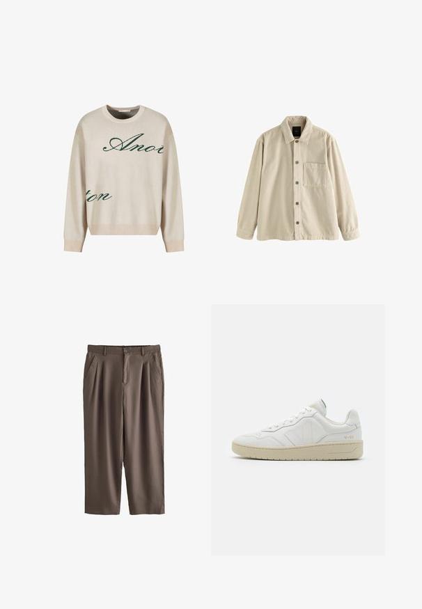 Camisa de pana beige, de manga larga, con cuello y un bolsillo en el pecho en el lado izquierdo.; Jersey de punto beige con texto verde en cursiva. Cuello y puños acanalados, corte relajado, con una textura suave.; Pantalones marrones de pierna recta con pliegues, bolsillos laterales, trabillas para cinturón, cierre de botón y cinturilla trasera elástica, mostrados sobre fondo blanco.; Zapatillas blancas de cuero con un acabado texturizado y cuello acolchado. Cuentan con una suela de goma beige y un sutil logotipo en el talón y el lado.