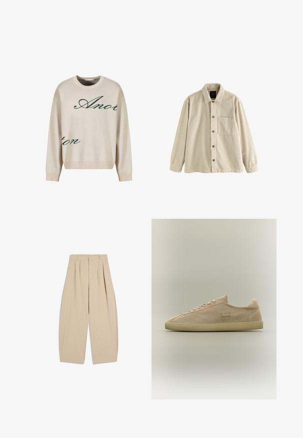 Beige fløjl skjorte med knaplukning, lange ærmer, krave og en enkelt brystlomme på venstre side.; Beige strikket sweater med grønne kursiverede bogstaver. Ribbet halsudskæring og manchetter, afslappet pasform, med blød tekstur.; Beige højhalset bukser med vidde i benene, plisseringer, bæltestropper, knaplukning og en skjult lynlås foran.; Beige ruskind lavtop sneaker med beige gummisål, snørelukning og diskret "C.P. Company" branding på siden.