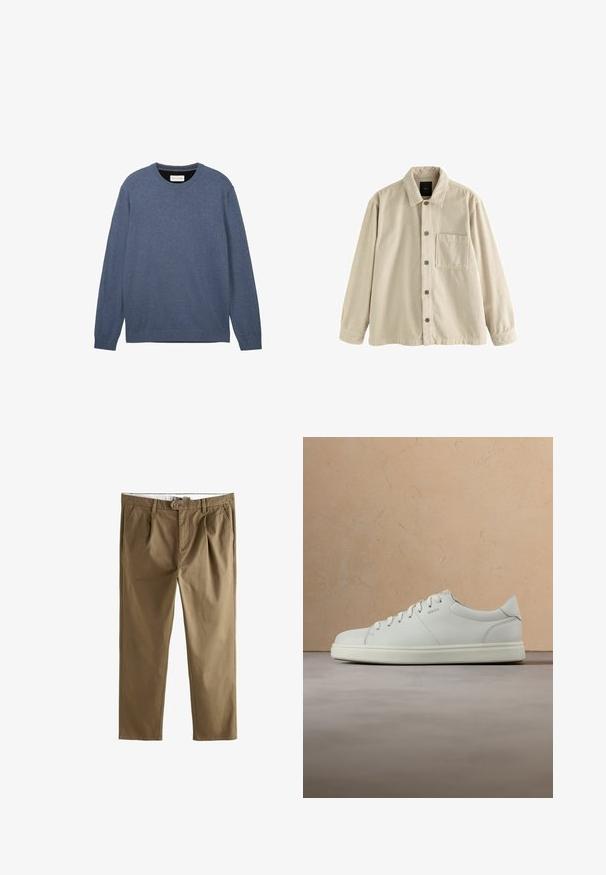 Beige fløjl skjorte med knaplukning, lange ærmer, krave og en enkelt brystlomme på venstre side.; Crewneck sweater i mørkeblå, fremstillet af blødt stof med en glat tekstur, der har lange ærmer og ribbede manchetter samt kant.; Khaki chinos med lige snit, der har to frontfolder, knaplukning og sidelommer. Fremstillet af en glat bomuldsblanding.; Hvid lædersneaker med en glat tekstur, rund snude og flade snørebånd. Har et diskret logo og en letvægts sål.
