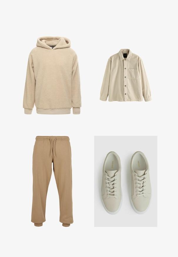 Beige Cordura-Hemd mit langen Ärmeln, Kragen und einer einzelnen Brusttasche auf der linken Seite.; Beige Fleece-Hoodie mit strukturiertem Oberflächen, großem Kapuze und gerippten Bündchen und Saum. Bietet eine lockere Passform und lange Ärmel.; Beige Jogginghose aus weichem Baumwollmix, mit elastischem Bund und Kordelzug sowie elastischen Bündchen an den Knöcheln.; Helle beige Leder-Sneaker mit strukturiertem Finish, ausgestattet mit sechs Ösen, flachen Schnürsenkeln und einer weißen Gummisohle. Goldene Markenbeschreibung im Inneren.