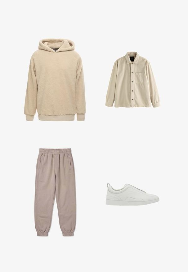Beige fløjl skjorte med knaplukning, lange ærmer, krave og en enkelt brystlomme på venstre side.; Beige fleece hoodie med en tekstureret overflade, stor hætte og ribbede manchetter og kant. Har en afslappet pasform og lange ærmer.; Beige joggingbukser med elastisk talje og manchetter, sidelommer og lille "PECADOR" logo på højre lår.; Hvid lavtop sneaker med slip-on design, polstret krave og trækstrop ved hælen, med en tyk gummisål og glat læderoverdel.