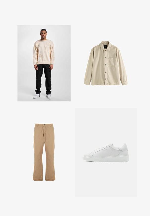 Beige fløjl skjorte med knaplukning, lange ærmer, krave og en enkelt brystlomme på venstre side.; Beige striktrøje med prægede mønstre, rund halsudskæring og sænkede skuldre, parret med sorte cargo bukser og hvide sneakers.; Beige bomuldsbukser med lige pasform, der har knaplukning, forlommer og en glat tekstur.; Hvide lædersneakers med en glat tekstur, rund tå, lav profil og diskret branding på siden. Polstret krave og snørebånd.