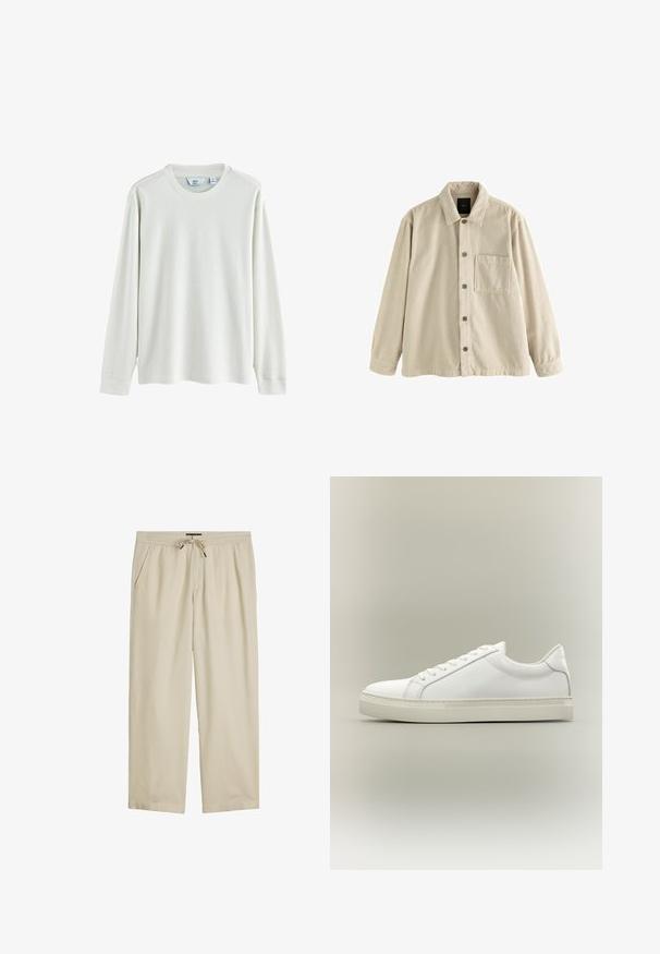 Chemise en velours côtelé beige à boutons, avec des manches longues, un col et une poche sur le côté gauche.; Chemise à manches longues de couleur vert clair, en tissu texturé, avec un col rond et des poignets côtelés. Étiquette de la marque visible à l'intérieur.; Pantalon beige décontracté avec taille élastique et cordon, jambes droites, poches latérales, en tissu léger.; Baskets blanches basses à lacets sur l’avant et semelle épaisse, vues de côté sur un fond neutre.