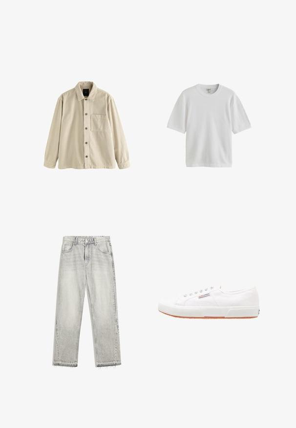 Beige fløjl skjorte med knaplukning, lange ærmer, krave og en enkelt brystlomme på venstre side.; Hvid kortærmet T-shirt med rund halsudskæring, vist mod en hvid baggrund.; Lys grå denimjeans med en let falmet finish, lige pasform, fem-lomme design og flosset søm. Flad taljebånd med bælteløkker.; Hvide kanvas sneakers med gummisål, snørebåndsdesign og et lille logo mærke på siden. Tekstureret hvid overdel og brun ydersål.
